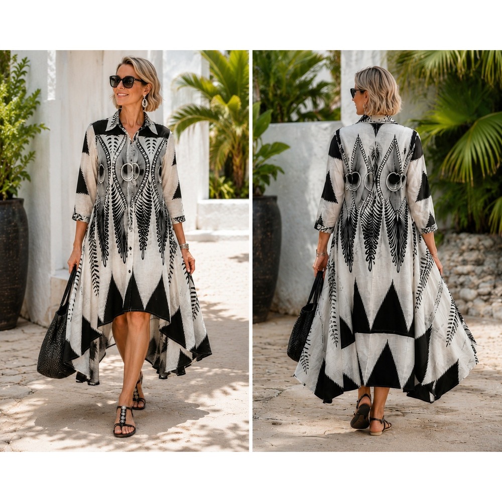 Step In Style Dress Shirt Peacock Print High Low Hem‎ Black White Cotton SP Boho